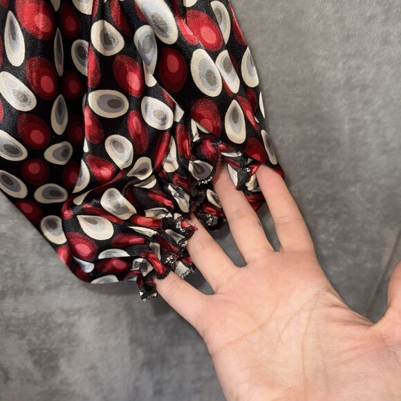 Wet Seal Retro Satin Blouse M Red Black Circle Print Smocked Waist Tie Top Y2K - Picture 4 of 9